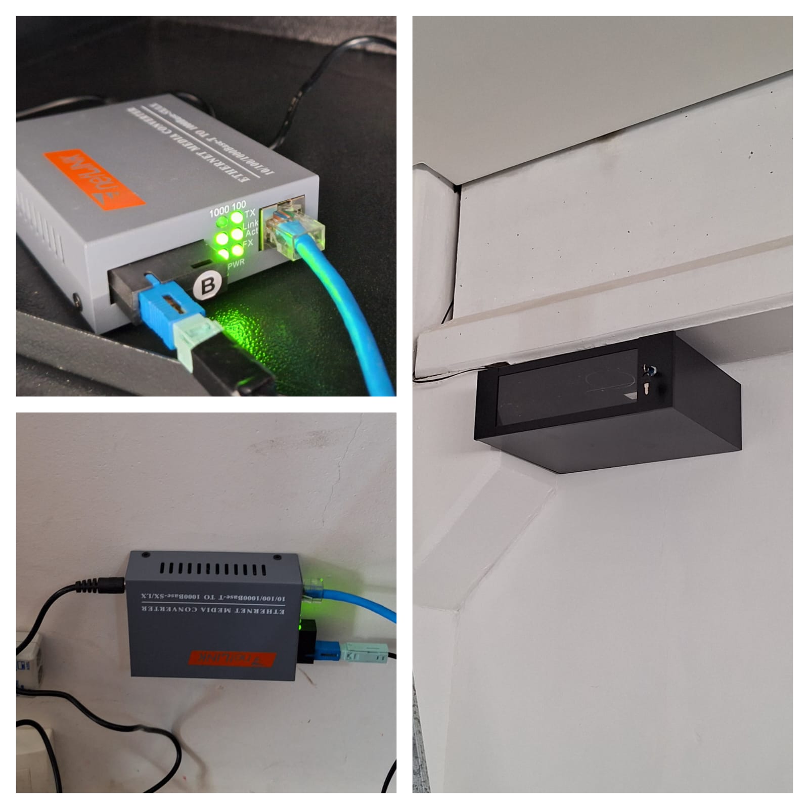 Close-up de media converter com conectores de fibra óptica ativa